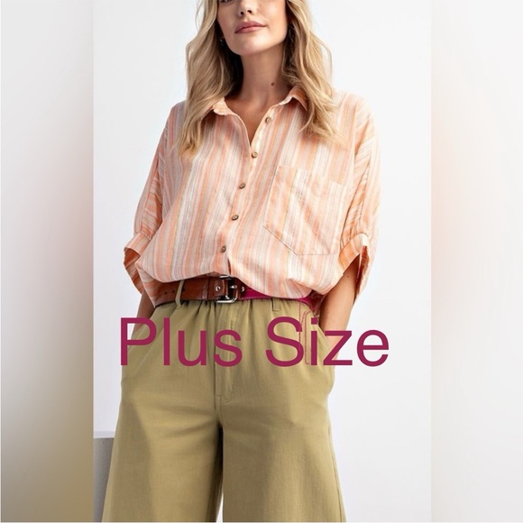 easel Tops - Easel Plus Size Striped Orange Button-Up Blouse with Pocket Oversized Fit.
